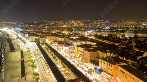 Aerial view on buildings and city  Old town in Nice  France at night 