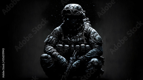 soldier in camouflaged uniform, sitting with vertical dramatic light., neural network generated art photo