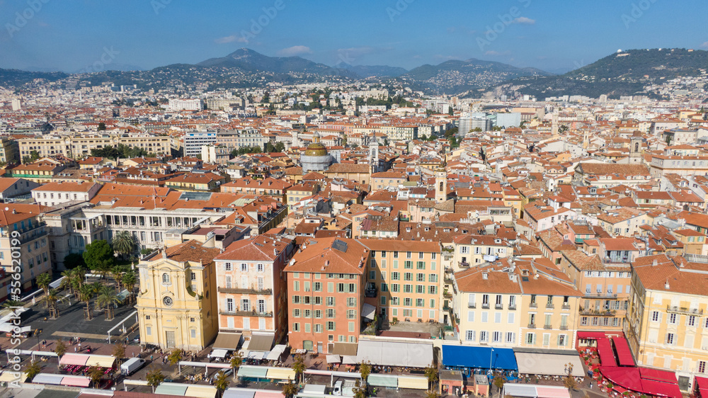 Aerial view on buildings and city, Old town in Nice, France 