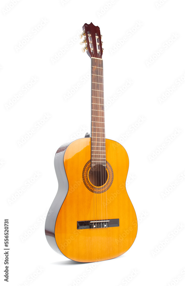 Acoustic  guitar close up isolated  on a white background