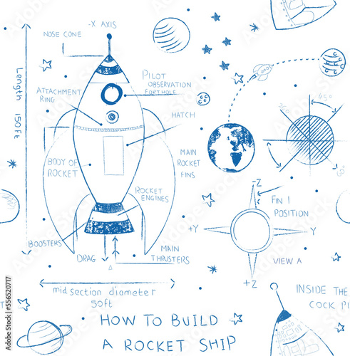 Seamless kids space illustration drawn on by chalk on transparent background
