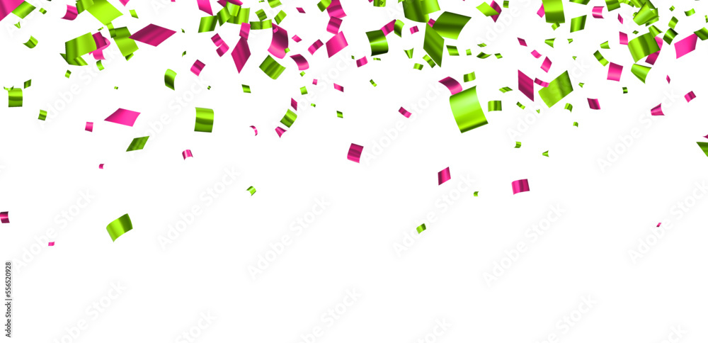 Falling green and pink cut out foil ribbon confetti background with space for text.
