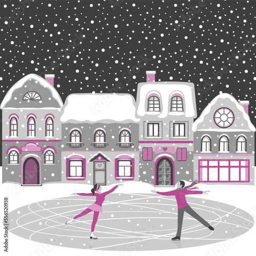 Figure skating card. Christmas holiday background. Winter snowy houses and figure skaters. Vector illustration. 