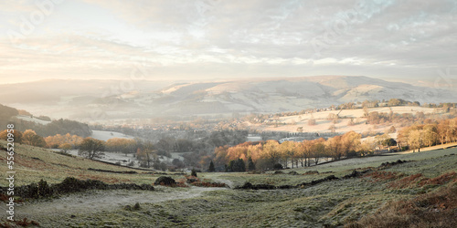 Eyam Moor and Shatton Moor above Hathersage on a frost morning at dawn, Peak District, UK