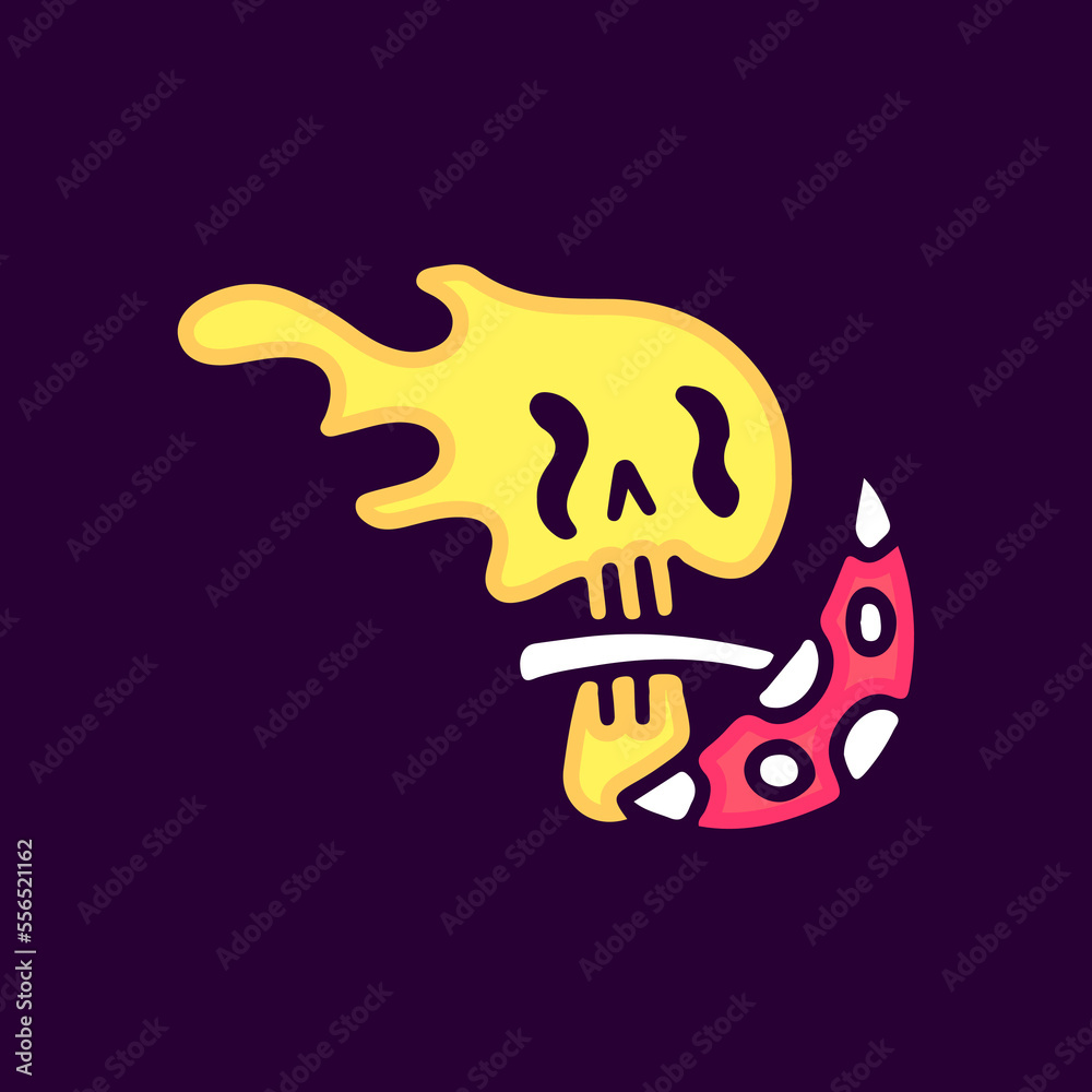 Melted skull biting magic mushroom cartoon, illustration for t-shirt, sticker, or apparel merchandise. With modern pop and retro style. Melted skull biting magic mushroom cartoon, illustration for t-shirt, sticker, or apparel merchandise. With modern pop and retro style.