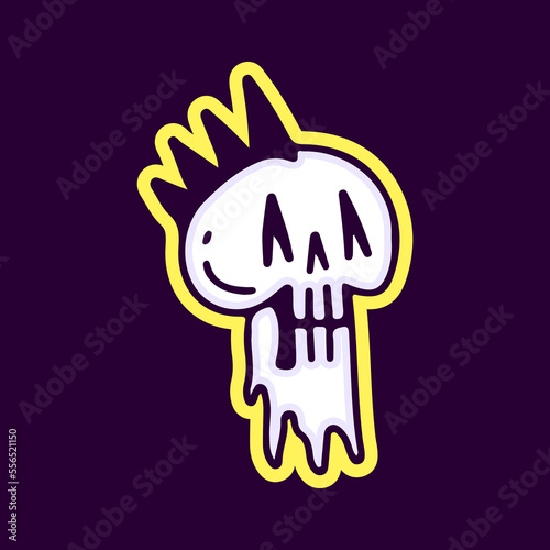 Melted punk skull head cartoon, illustration for t-shirt, sticker, or apparel merchandise. With modern pop and retro style.