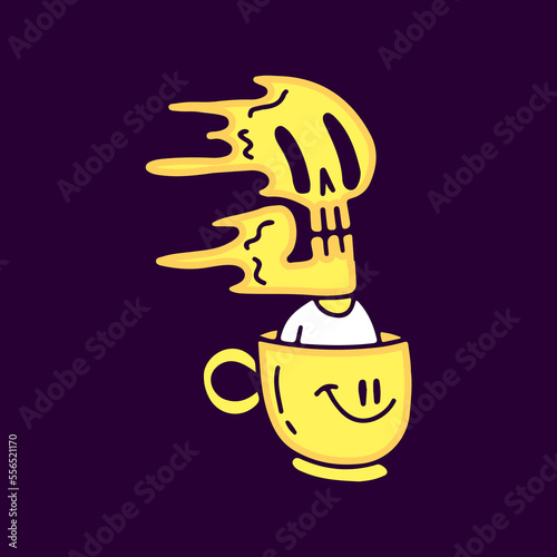 Trippy skeleton inside cup of coffee cartoon, illustration for t-shirt, sticker, or apparel merchandise. With modern pop and retro style.