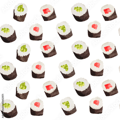 Asian Maki Sushi Seamless Pattern. Hand Drawn Watercolor Sushi Wallpaper. Vector