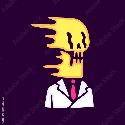 Trippy skull in suit man cartoon, illustration for t-shirt, sticker, or apparel merchandise. With modern pop and retro style.