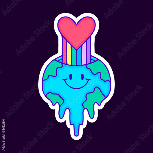 Melted earth planet with rainbow love inside cartoon, illustration for t-shirt, sticker, or apparel merchandise. With modern pop and retro style.
