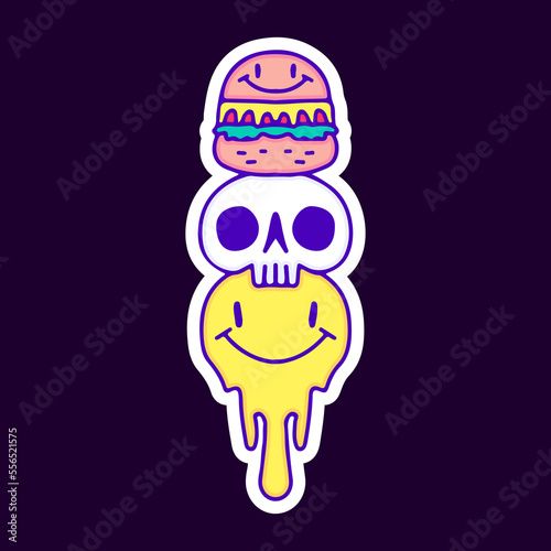 Burger, skull, and melted smile emoji cartoon, illustration for t-shirt, sticker, or apparel merchandise. With modern pop and retro style.