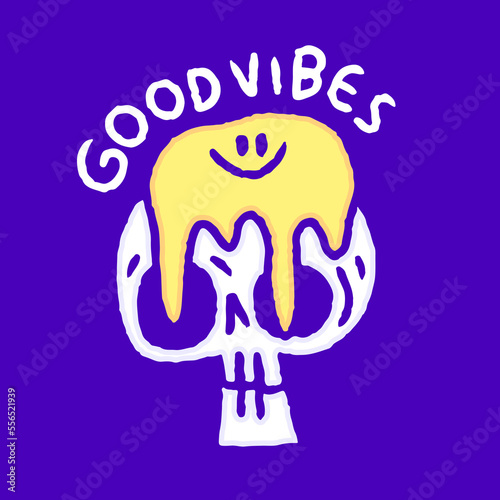 Skeleton head with melted smile emoji face doodle, illustration for t-shirt, sticker, or apparel merchandise. With modern pop and urban style.