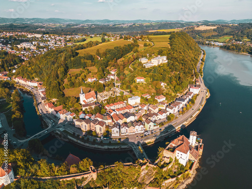 Aerial view of the three rivers conjunctions, Donau, Inn and Ilz rivers with Veste Niederhaus fortress complex, Klosterberg-obst, Passau, Germany photo