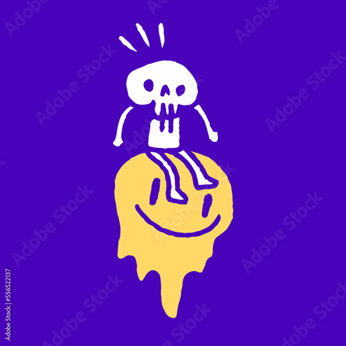 Skeleton siting on melted emoji face cartoon, illustration for t-shirt, sticker, or apparel merchandise. With modern pop and urban style.