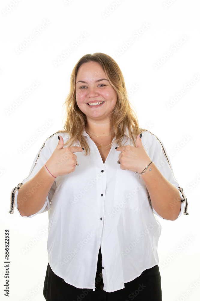 Young curvy blond woman smiling looking at camera pointing to chest with finger hands on white background Young curvy blond woman smiling looking at camera pointing to chest with finger hands on white background