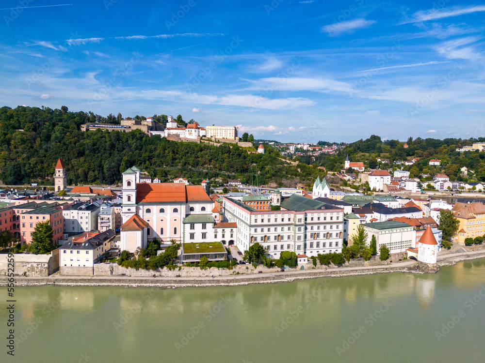 Aerial view of the old town of Passau with St. Michael church and Niedernburg Monastery  church, Passau, Germany