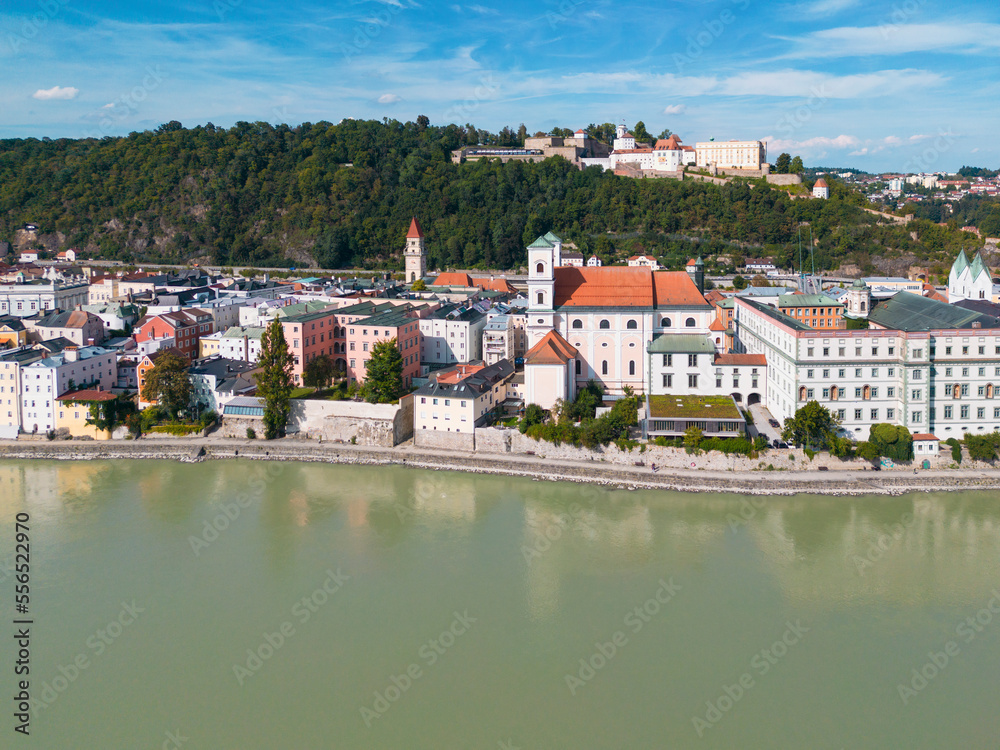 Aerial view of the old town of Passau with St. Michael church and Niedernburg Monastery church, Passau, Germany Aerial view of the old town of Passau with St. Michael church and Niedernburg Monastery church, Passau, Germany