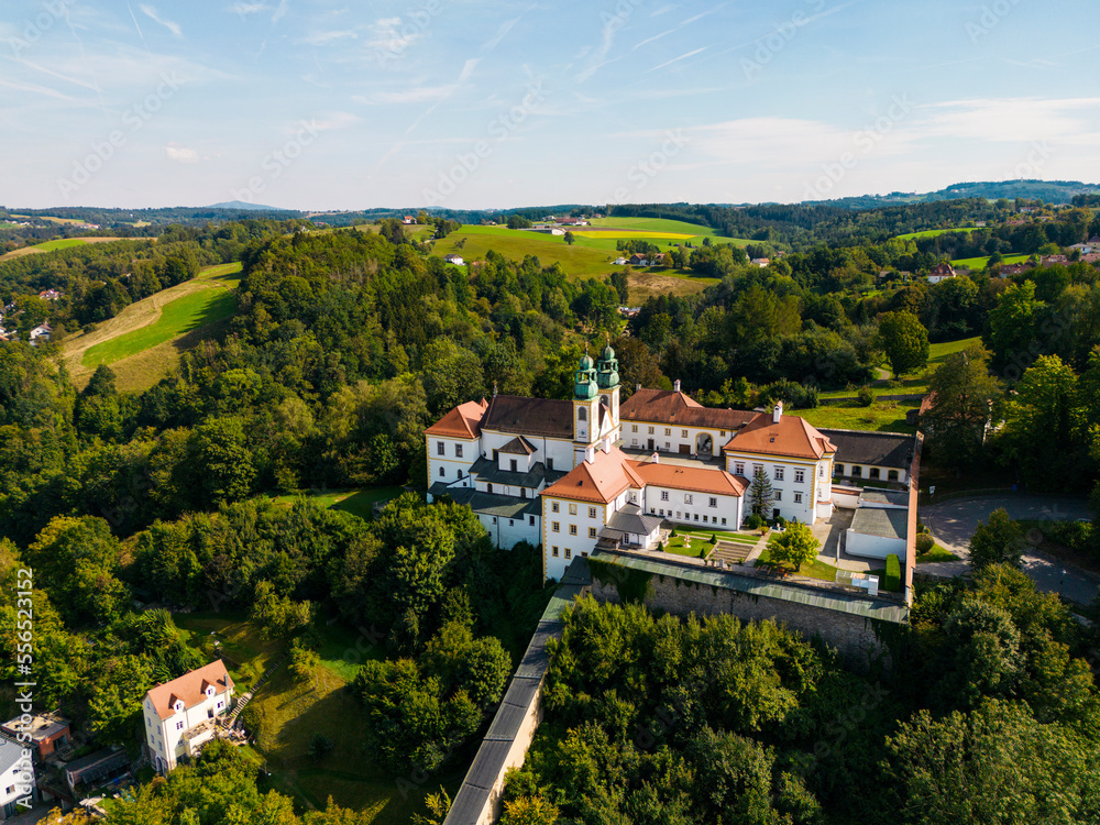 The baroque pilgrimage church Mariahilf with its prominent towers and the adjacent St. Paul monastery, Passau, Germany