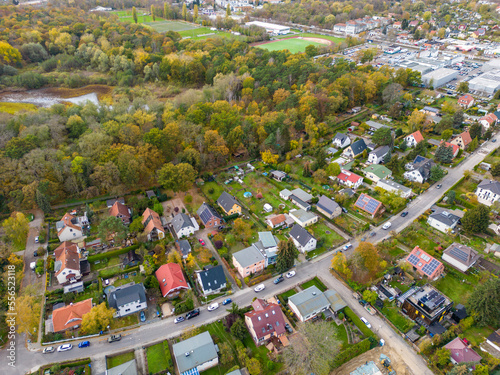 Aerial view of neighborhood weissensee in berlin with houses near Fauler See, Berlin, Germany