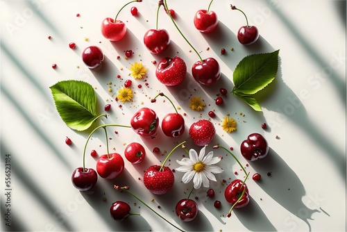 a group of cherries and leaves on a white surface with a flower and a daisy on the side. photo