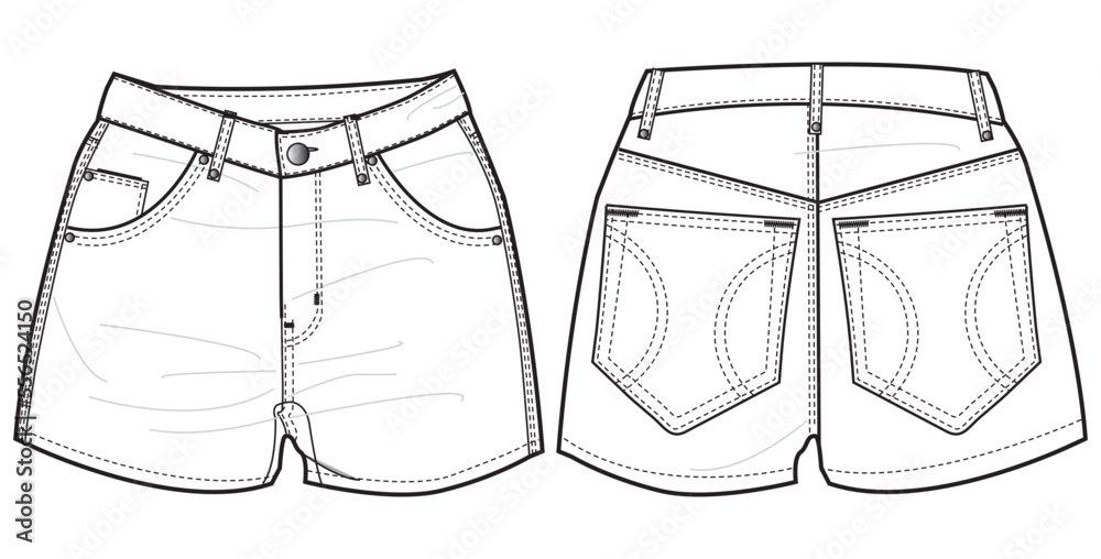Womens Denim shorts front and back view flat sketch fashion