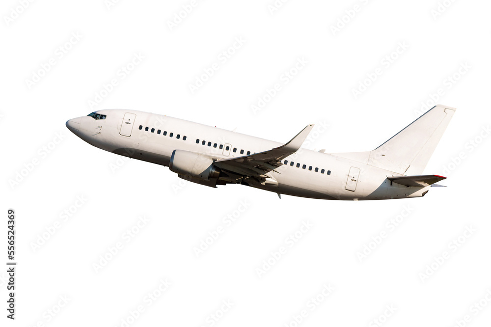 White passenger aircraft flying isolated on transparent background