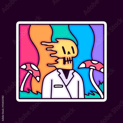 Trippy skull in tuxedo cartoon, illustration for t-shirt, sticker, or apparel merchandise. With modern pop style.