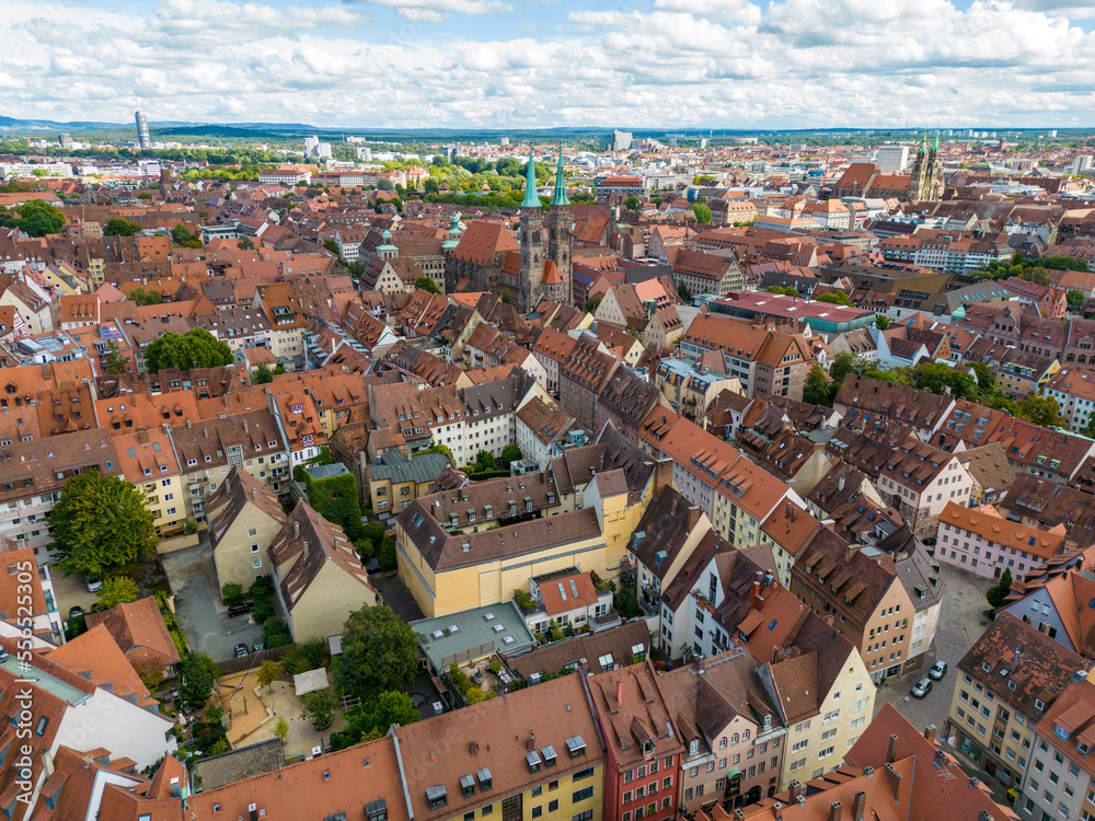 Aerial view of the old city of Nürmberg with the city walls and St. Sebald church towers, Nürmberg, Germany