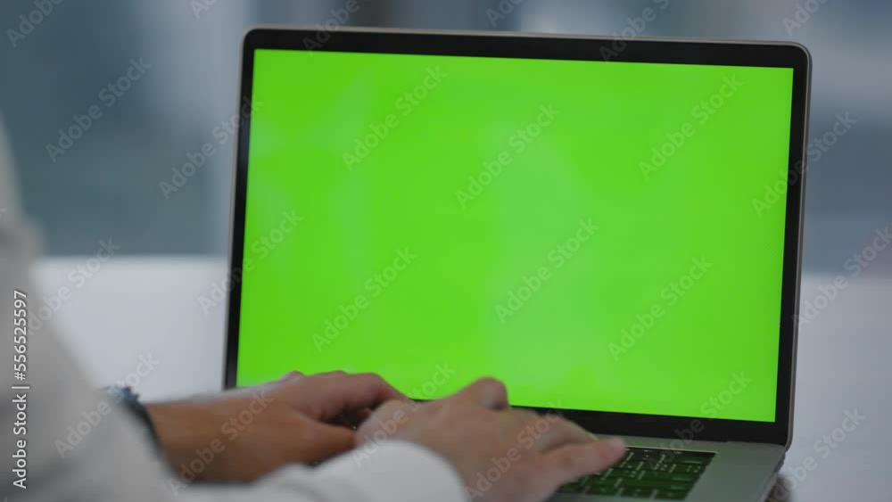 Hands writing green screen laptop in office closeup. Businessman typing document Hands writing green screen laptop in office closeup. Businessman typing document