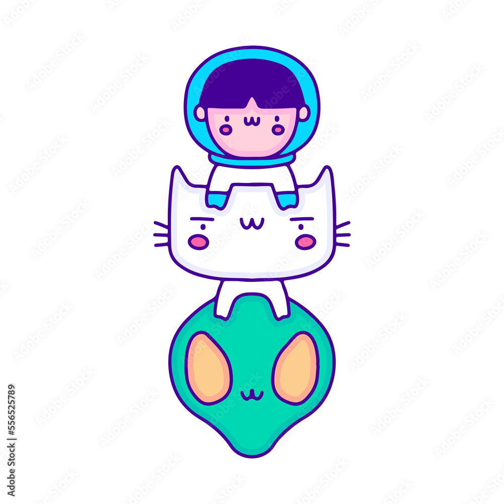 Cute baby astronaut with cat and alien doodle art, illustration for t-shirt, sticker, or apparel merchandise. With modern pop and kawaii style.