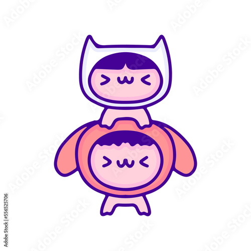 Cute baby in cat and dog costumes doodle art, illustration for t-shirt, sticker, or apparel merchandise. With modern pop and kawaii style.
