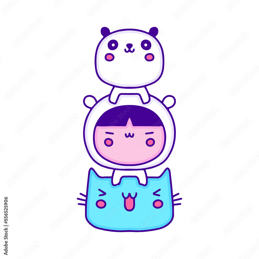 Cute baby in animal costume with little panda and cat doodle art, illustration for t-shirt, sticker, or apparel merchandise. With modern pop and kawaii style. Cute baby in animal costume with little panda and cat doodle art, illustration for t-shirt, sticker, or apparel merchandise. With modern pop and kawaii style.