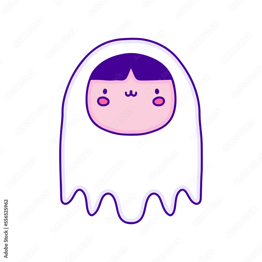 Cute kid with ghost costume doodle art, illustration for t-shirt, sticker, or apparel merchandise. With modern pop style. Cute kid with ghost costume doodle art, illustration for t-shirt, sticker, or apparel merchandise. With modern pop style.