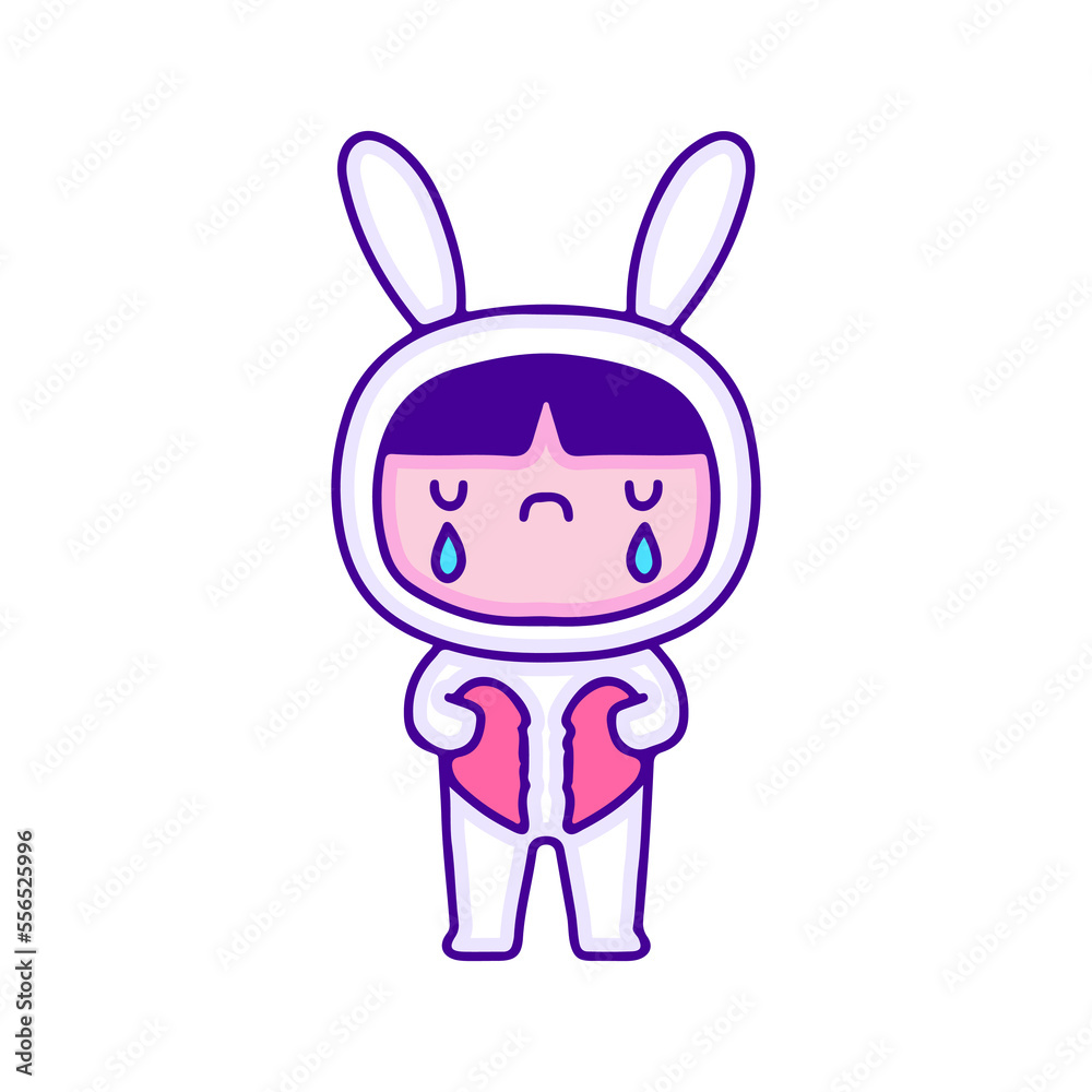 Sad kid in bunny costume holding broken heart, illustration for t-shirt, sticker, or apparel merchandise. With modern pop and kawaii style. Sad kid in bunny costume holding broken heart, illustration for t-shirt, sticker, or apparel merchandise. With modern pop and kawaii style.