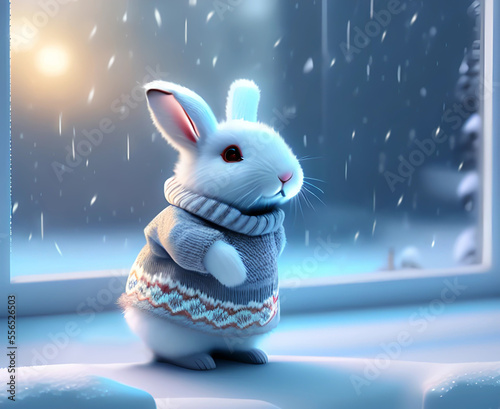 A white rabbit standing near a window in winter with a snowing background. Generative Ai. © Amimy