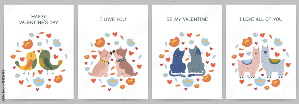 Happy valentine's day postcard set with animals surrounded by flowers and hearts. Birds, dogs, cats, llamas on a white background with text. Vector illustration. Happy valentine's day postcard set with animals surrounded by flowers and hearts. Birds, dogs, cats, llamas on a white background with text. Vector illustration.