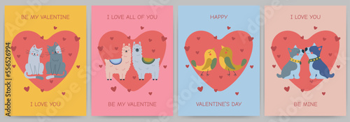 Happy valentine's day postcard set with animals and hearts. Birds, dogs, cats, llamas on a colored background with text. Vector illustration.