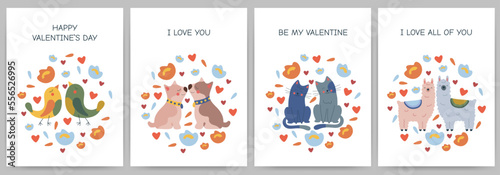 Happy valentine's day postcard set with animals surrounded by flowers and hearts. Birds, dogs, cats, llamas on a white background with text. Vector illustration.