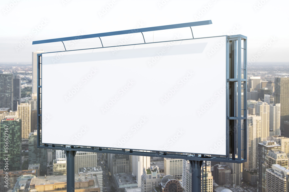 Blank white horizontal billboard on cityscape background at daytime, perspective view. Mockup, advertising concept Blank white horizontal billboard on cityscape background at daytime, perspective view. Mockup, advertising concept
