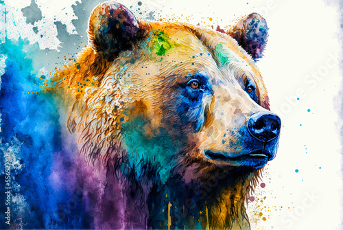 Grizzly bear watercolor painting. Generative AI photo