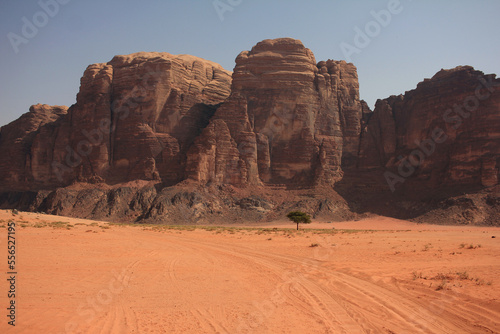 Huge rock formation in desert in Wadi Rum  Jordan