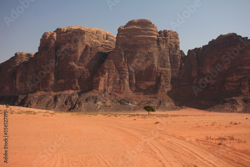 Huge rock formation in desert in Wadi Rum, Jordan