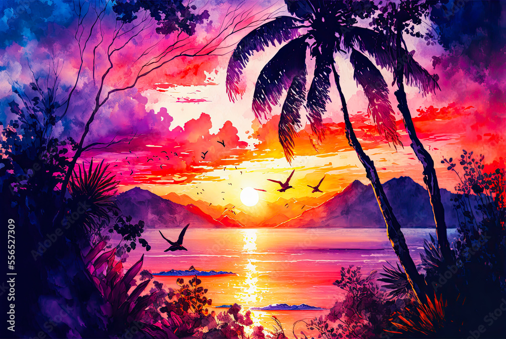 Tropical sunset watercolor painting. Generative AI