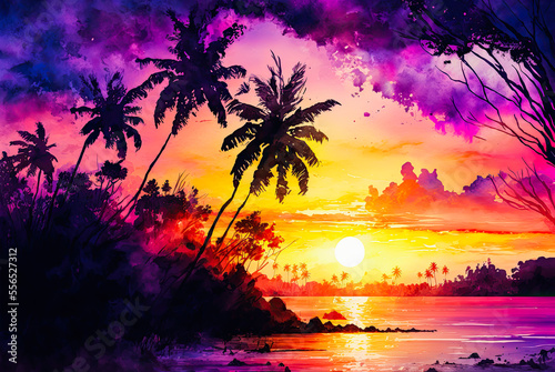 Tropical sunset watercolor painting. Generative AI © Sunshower Shots