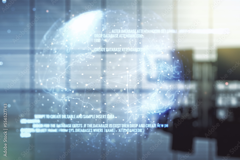 Double exposure of abstract creative programming illustration and world map on a modern boardroom background, big data and blockchain concept Double exposure of abstract creative programming illustration and world map on a modern boardroom background, big data and blockchain concept