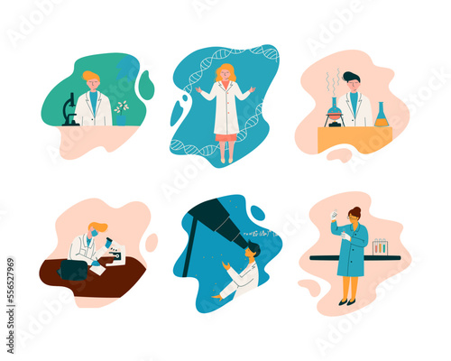 Man and Woman Scientist in Laboratory Coat Conducting Research and Investigation Vector Set