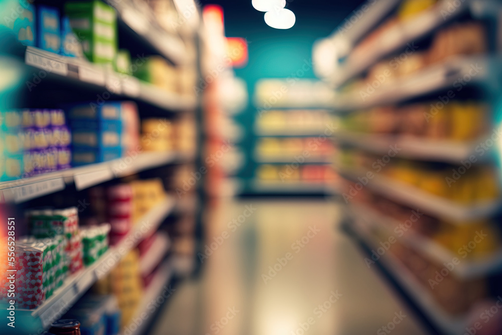 Background blur of a supermarket with bokeh. Generative AI