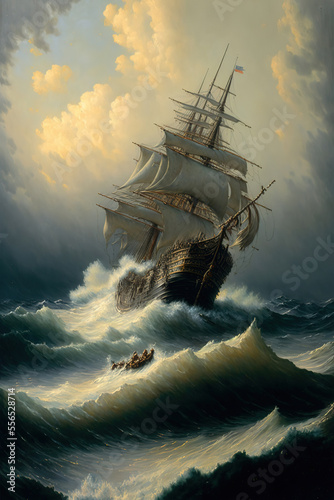 a painting of a ship in the ocean, water, storm, art illustration