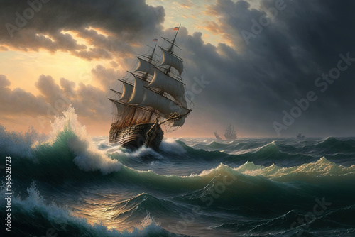 a painting of a ship in the ocean, water, storm, art illustration