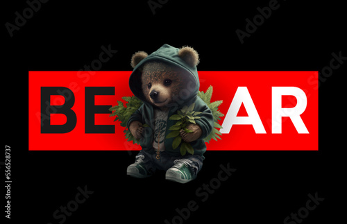 Plush cute bear doll in an embrace with a marijuana bush on a black background. For street style t shirt design graphic. Vector illustration